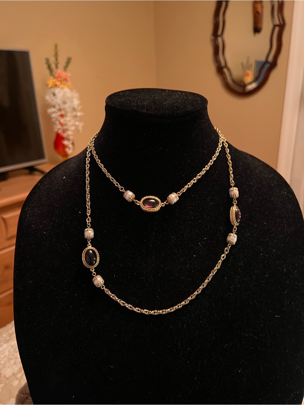 VINTAGE 1928 Gold Long Layering Necklace with Crystal Stones and Pearls